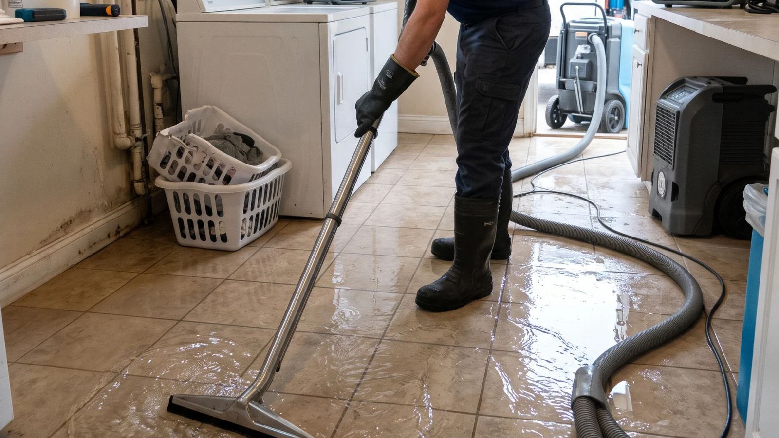 Worker removing water from a tiled laundry room floor next to a washer and dryer