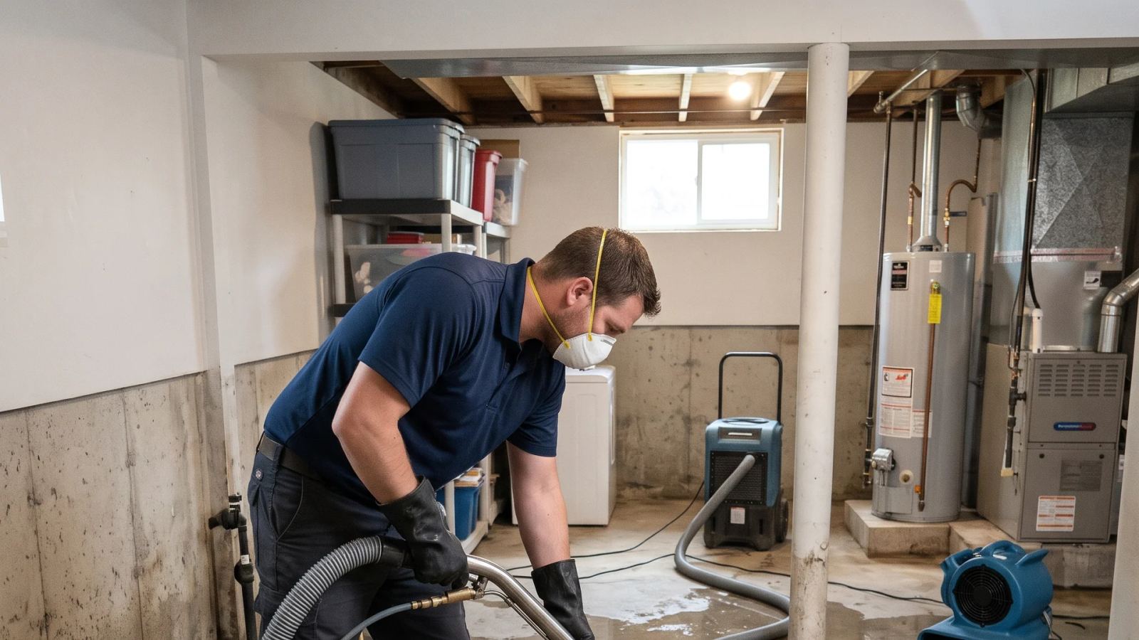 Worker extracting water from a flooded basement floor beside a water heater and furnace