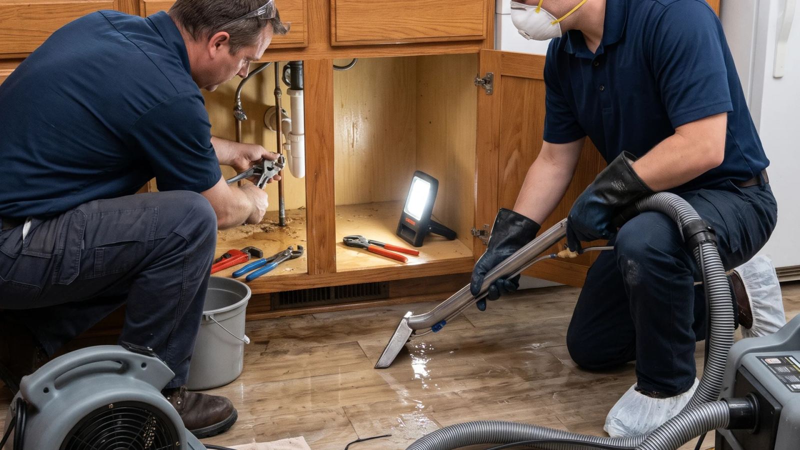 Two workers at an open kitchen sink cabinet, one at the pipes and one extracting water from the floor
