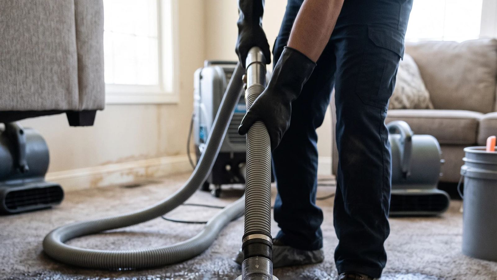 Close view of a water extraction wand pulling water out of soaked carpet