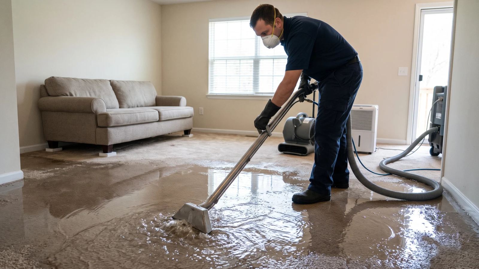 Worker in a respirator extracting standing water from a living room floor with a wand vacuum