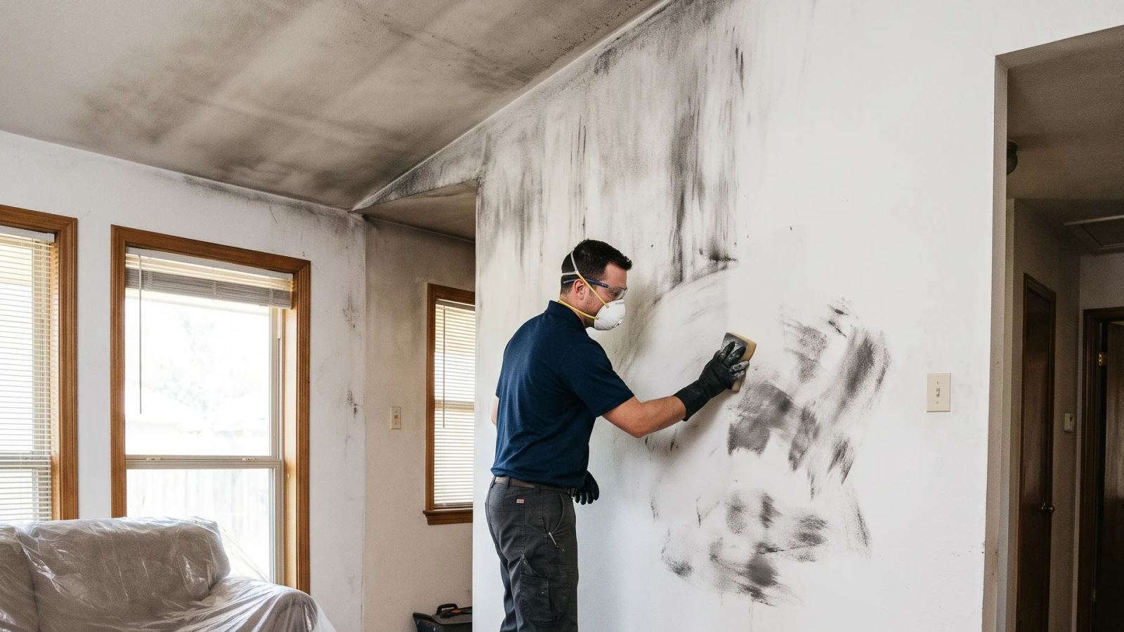 Worker in a respirator wiping black soot from a living room wall beside an air scrubber