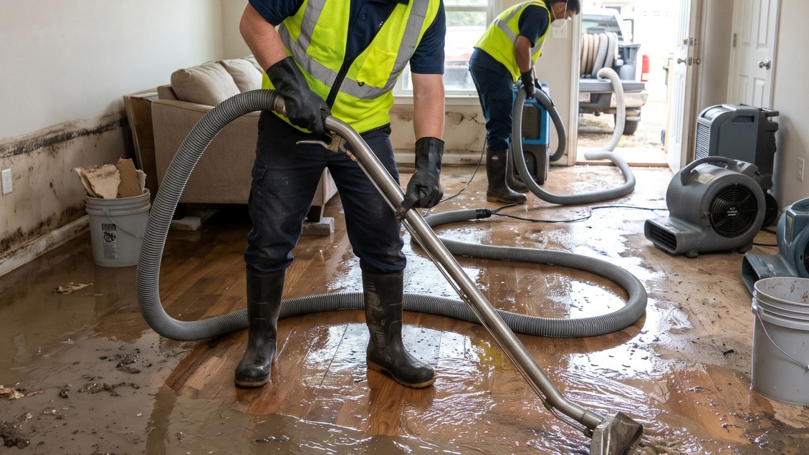 Two workers in safety vests removing muddy flood water from a living room