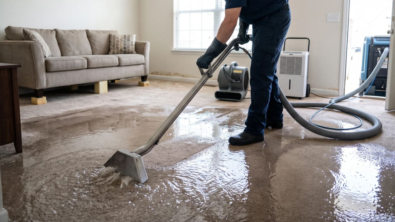 Worker extracting water from a wood-look floor in a living room with a dehumidifier running
