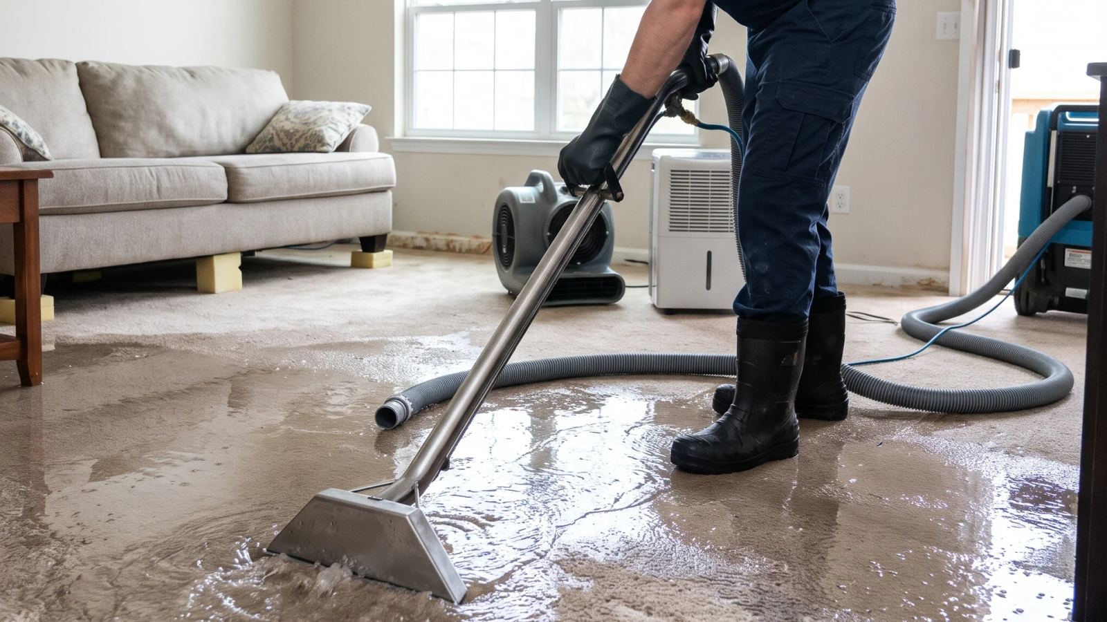 Worker cleaning up water from a living room floor with drying equipment set up nearby