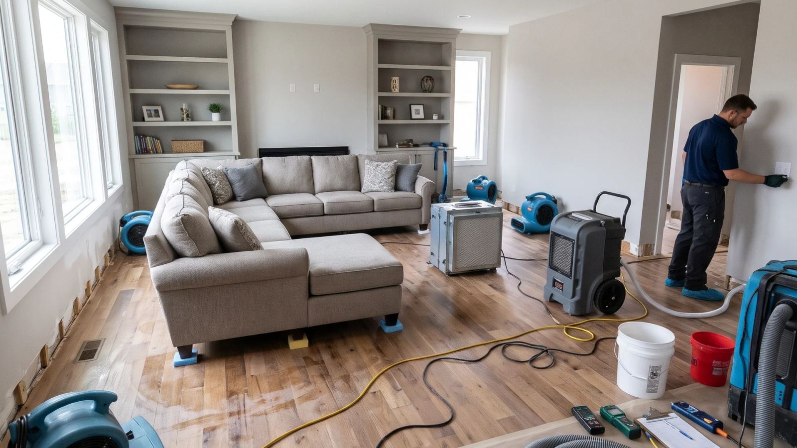 Living room with air movers, dehumidifiers and hoses set up to dry a wood floor after water damage