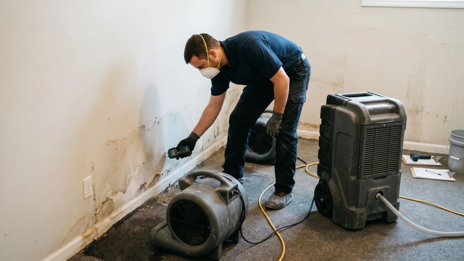 Worker checking a damp wall with a moisture meter beside an air mover and dehumidifier